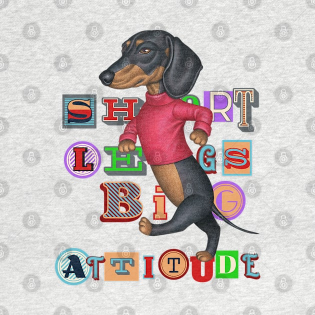 Cute Doxie Dog walking with attitude on a Short Legs Big Attitude Dachshund tee by Danny Gordon Art